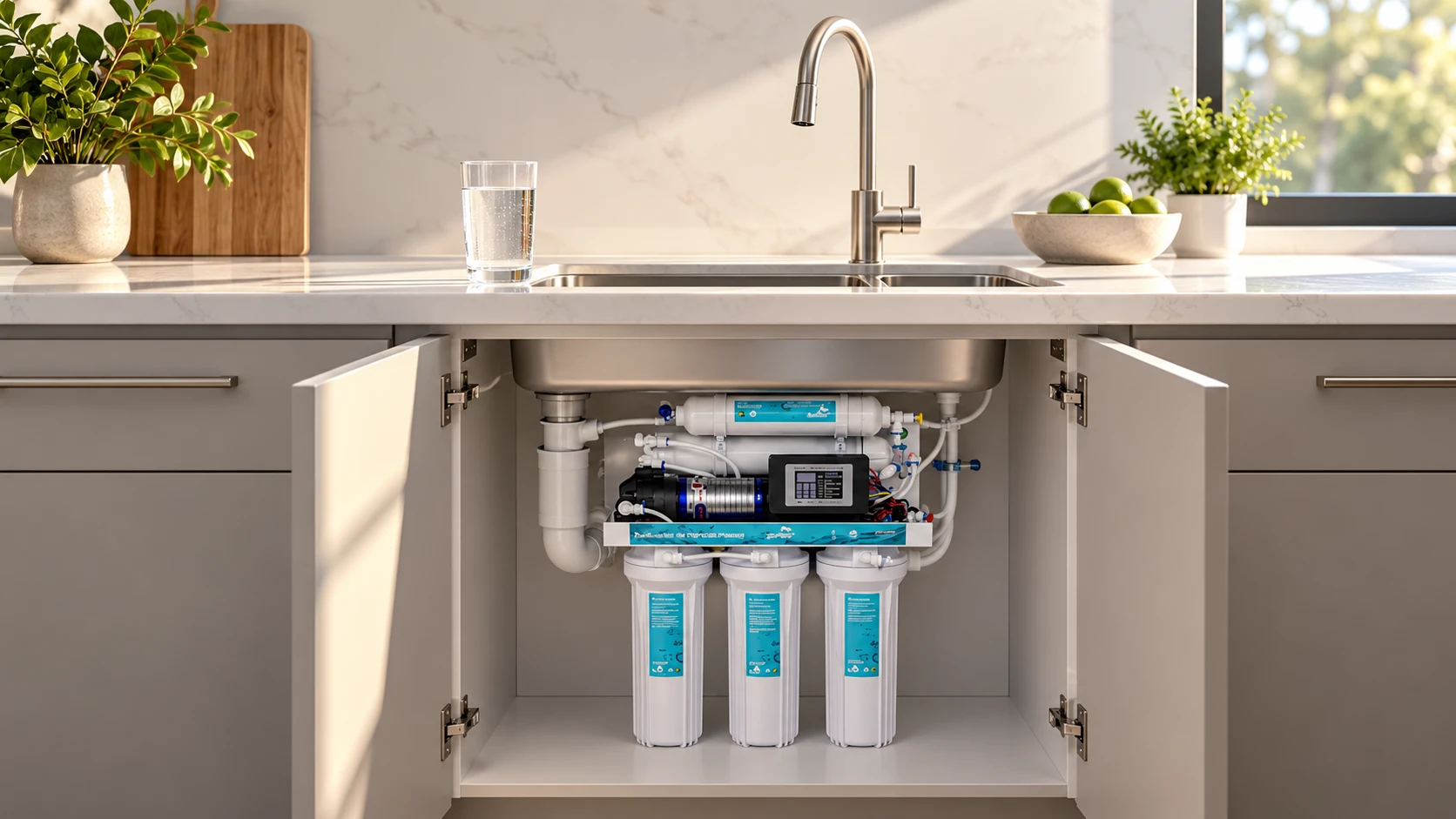 Cocina despejada con agua purificada directo de la llave