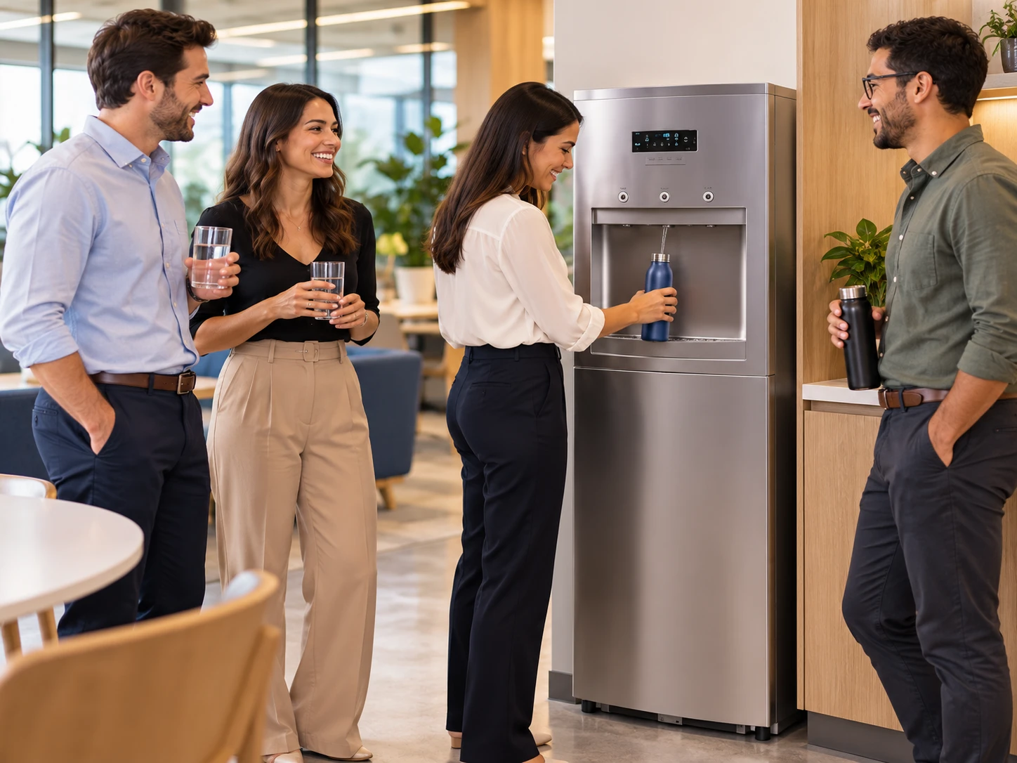 Equipo de trabajo tomando agua en la oficina
