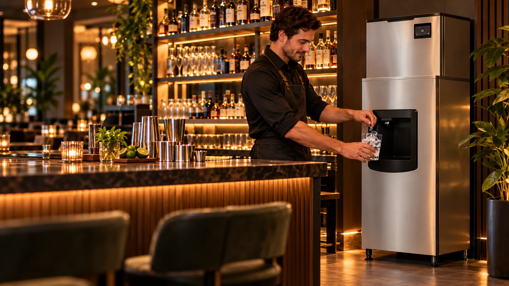 Barra de bar con agua y hielo para preparar bebidas