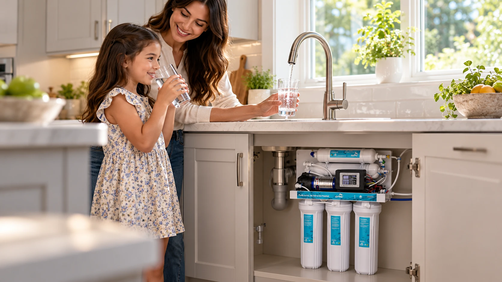 Mamá e hija sirviendo agua purificada en la cocina