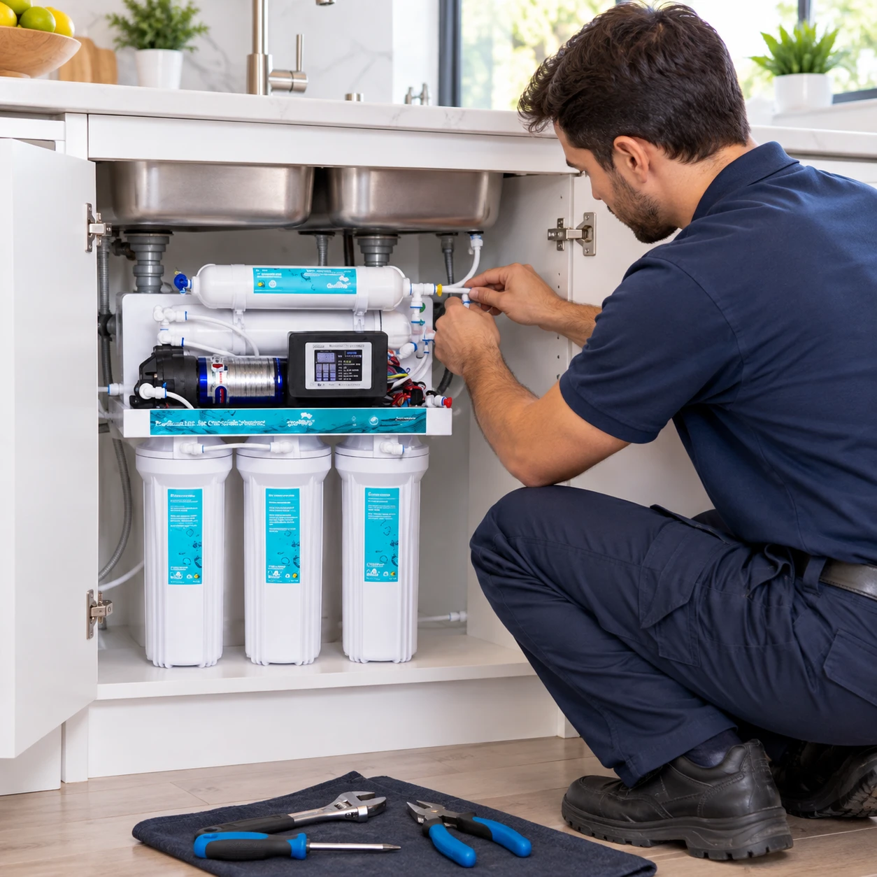 Técnico instalando el purificador bajo la tarja de una cocina